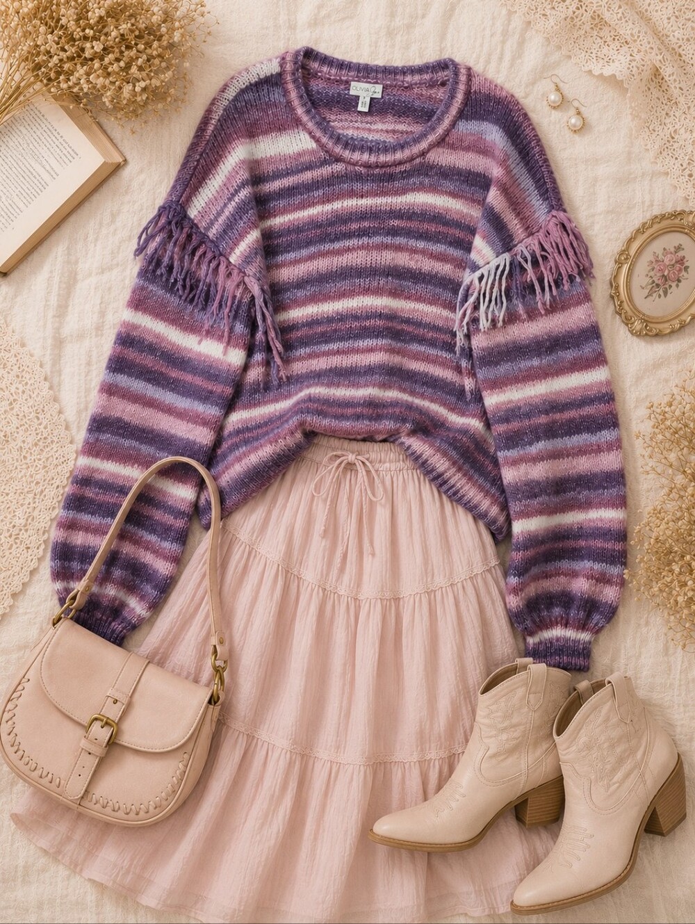 Olivia Sky Lavender Striped Fringe Sweater